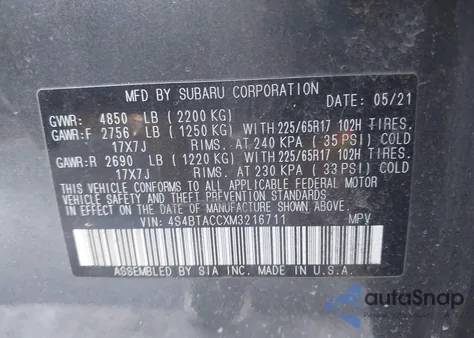 2021 Subaru Outback Premium из США, поврежденный, VIN 4S4BTACCXM3216711